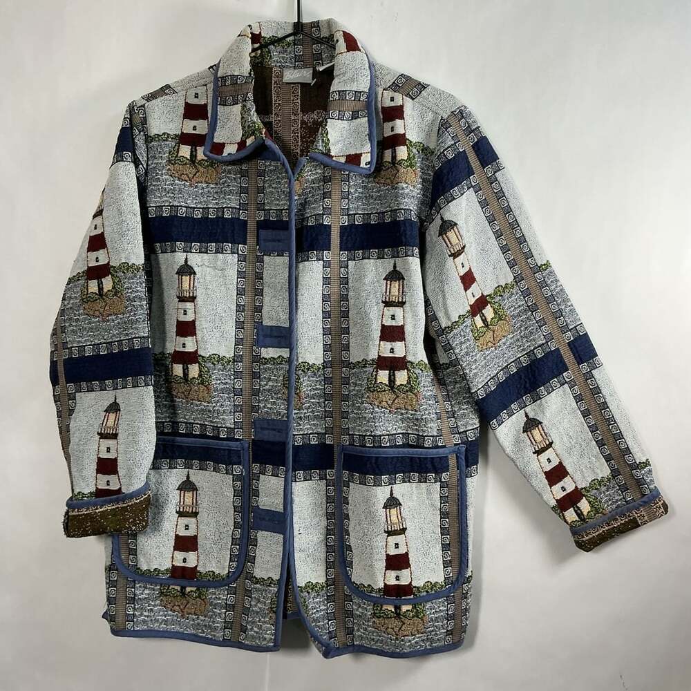 Vintage Blair Lighthouse Tapestry Jacket Nautical Coastal Chore Coat Size MED